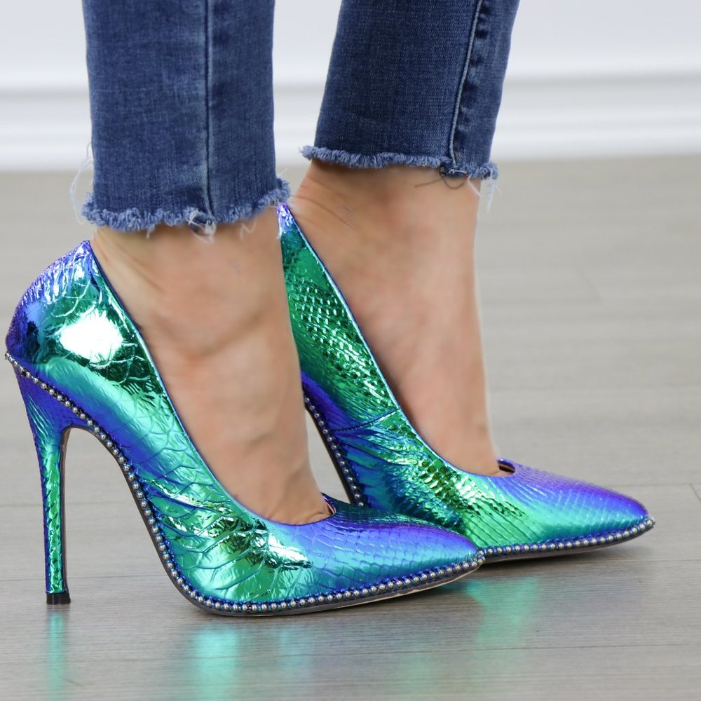Mermaid Blue Green High Heel Pumps With Studs - Picture 1 of 8